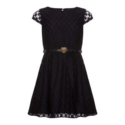Yumi Girl Black Black Floral Lace Belted Dress